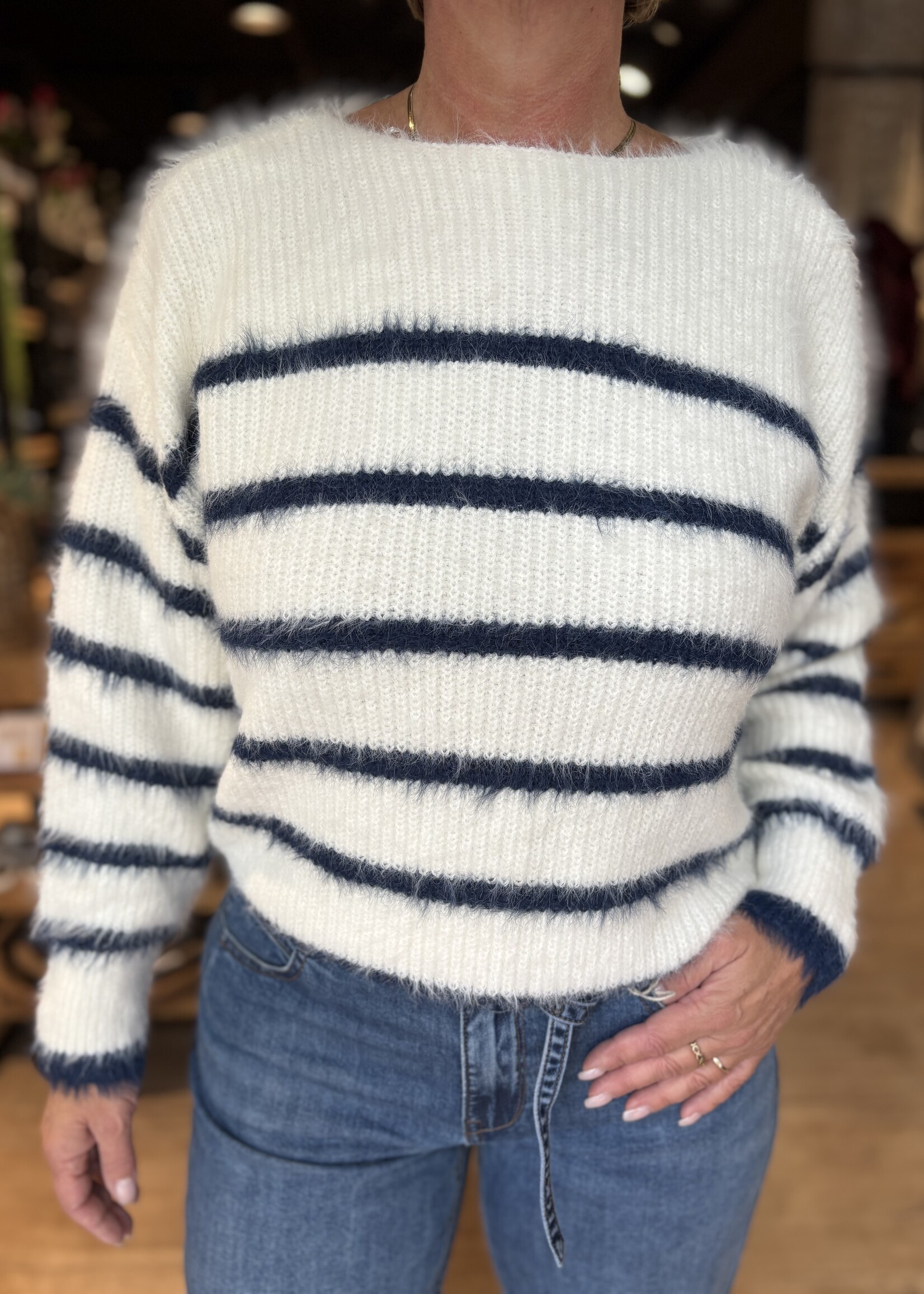 Red Button Sweater Fuzzy - Ecru Indigo