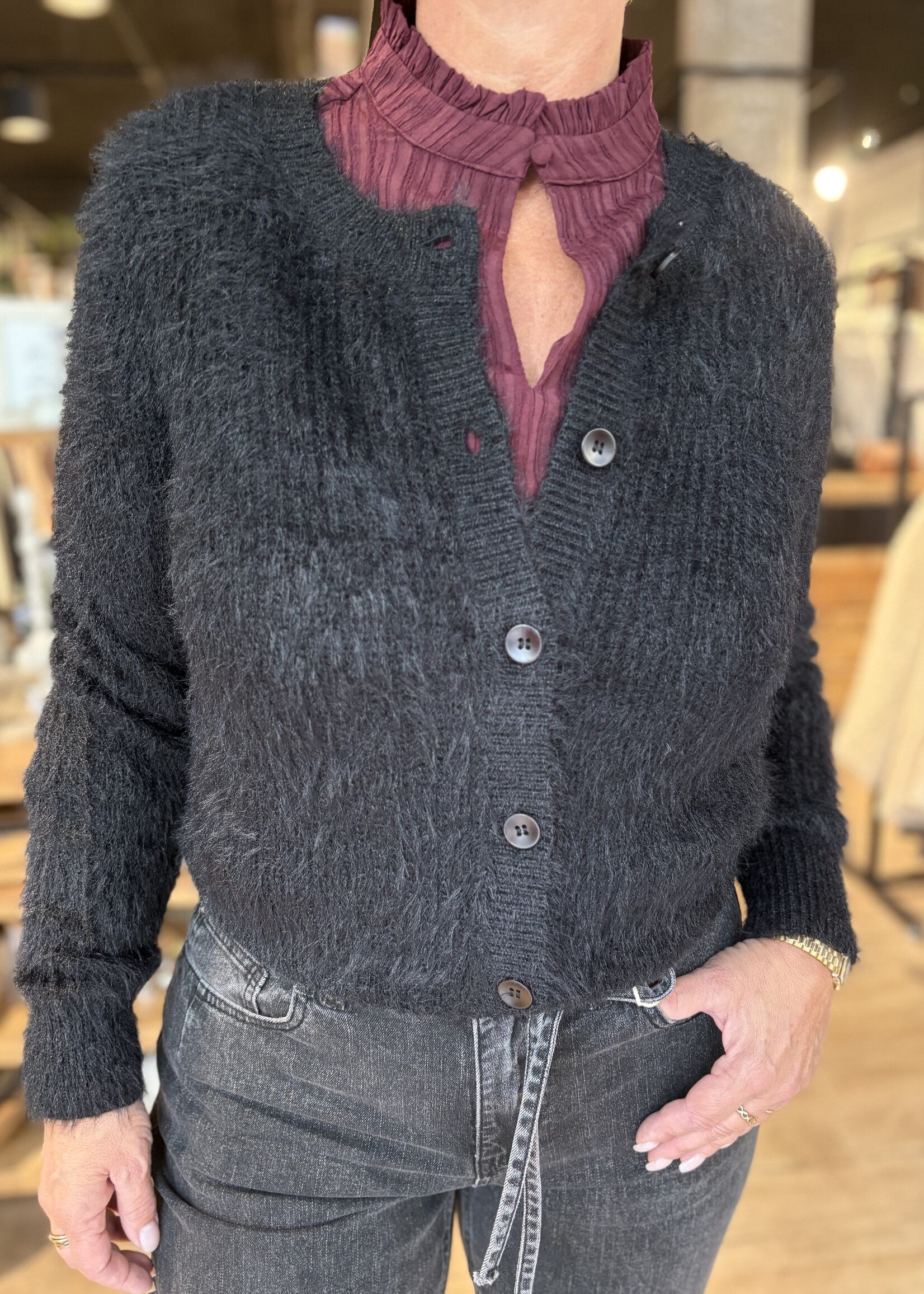 Red Button Vest Fuzzy - Black