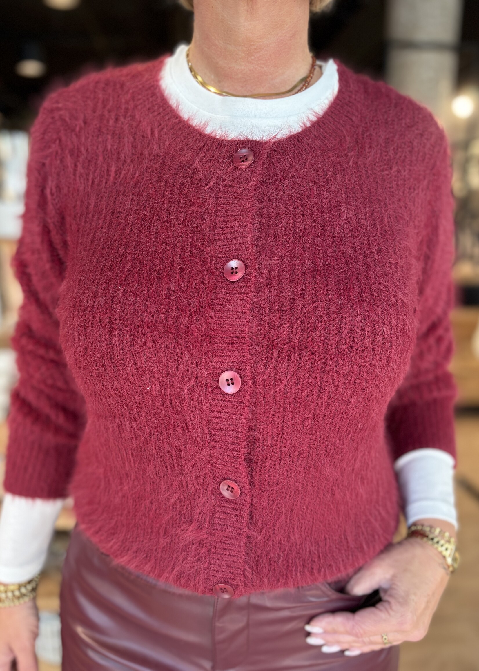 Red Button Vest Fuzzy - Ruby