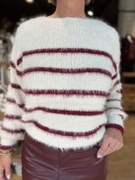 Red Button Sweater Fuzzy Stripe - Cream Ruby