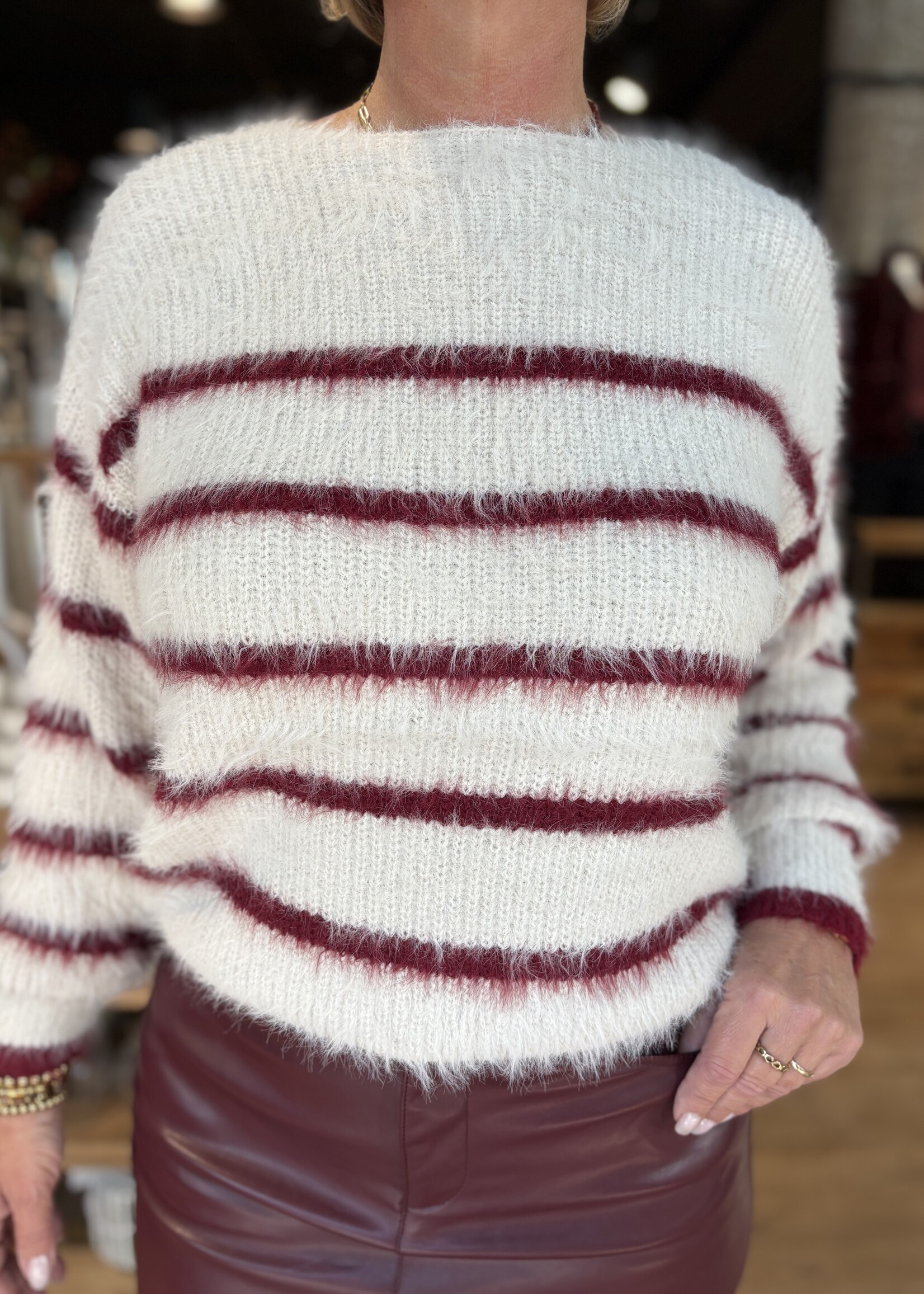 Red Button Sweater Fuzzy Stripe - Cream Ruby
