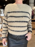 Red Button Sweater Fuzzy Stripe - Latte Black