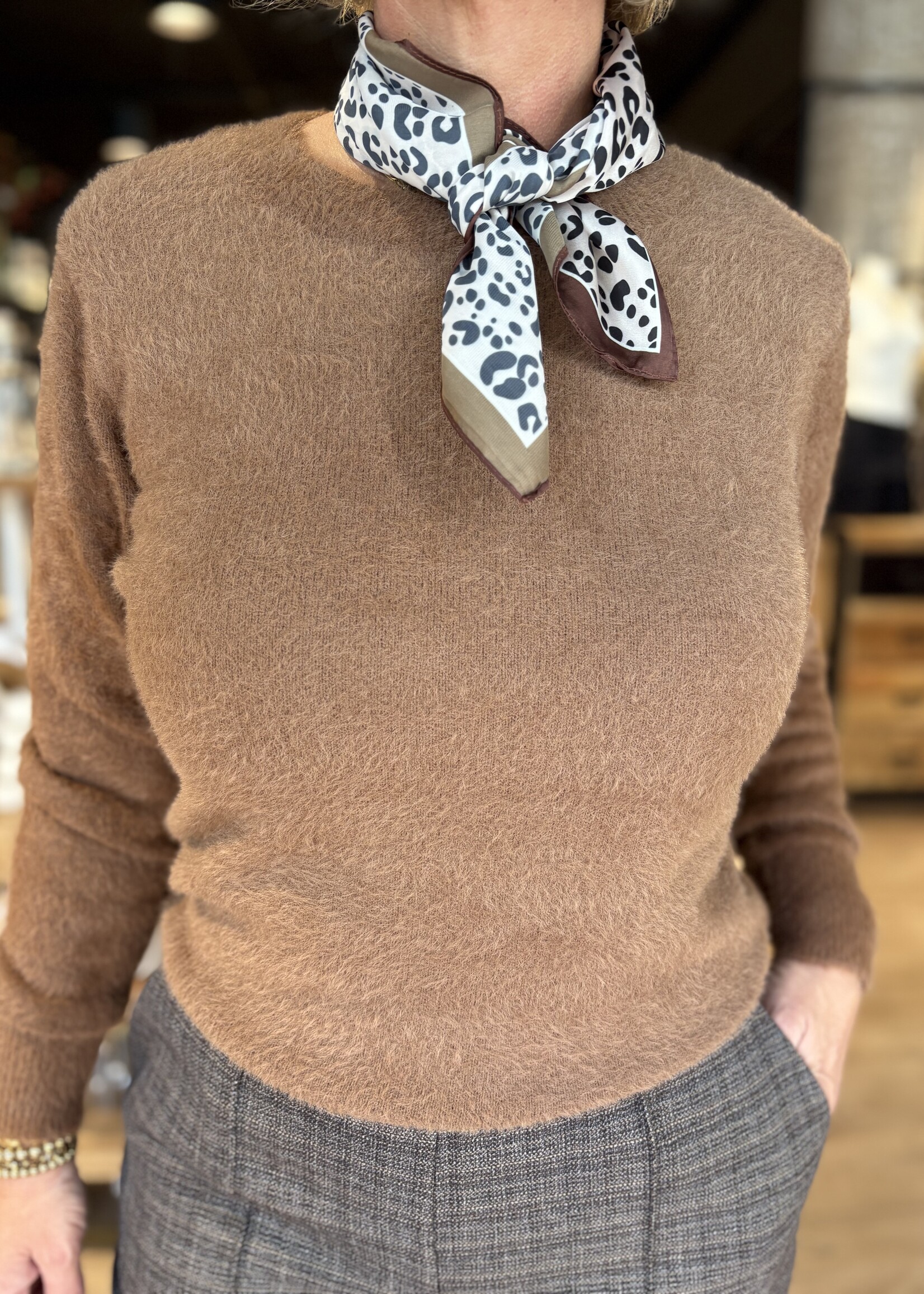 Red Button Fluffy Sweater - Mid Brown