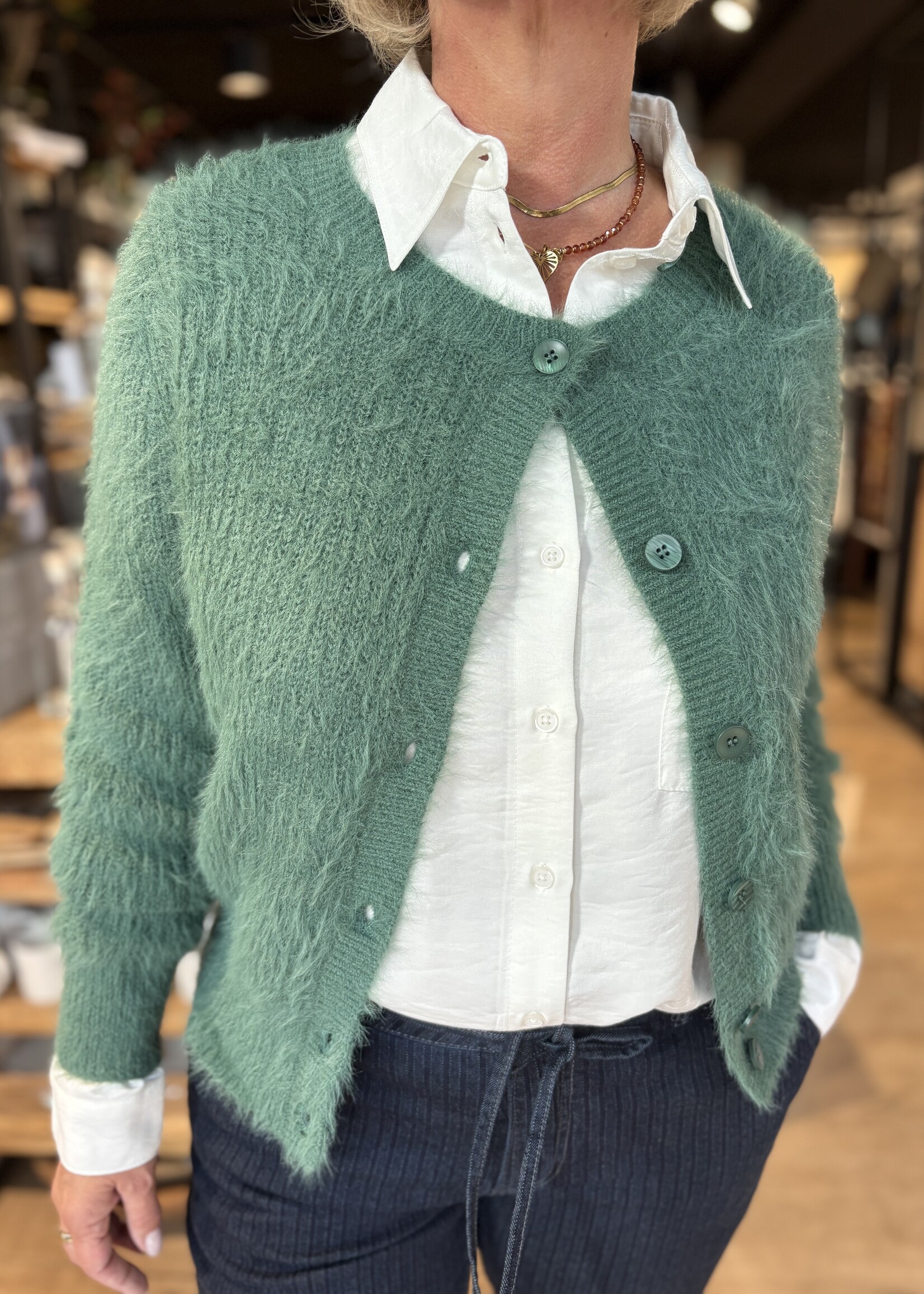 Red Button Vest Fuzzy - Pine