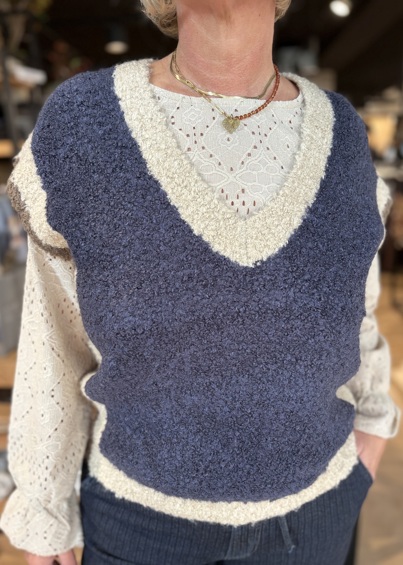 Red Button Sleeveless Contrast Rib - Indigo