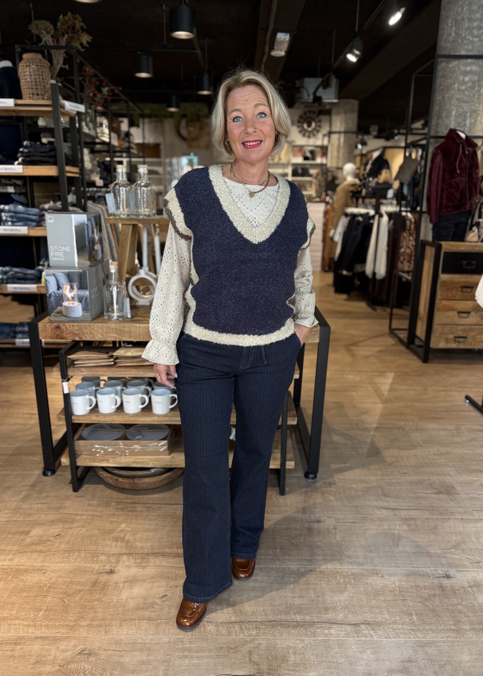 Red Button Sleeveless Contrast Rib - Indigo