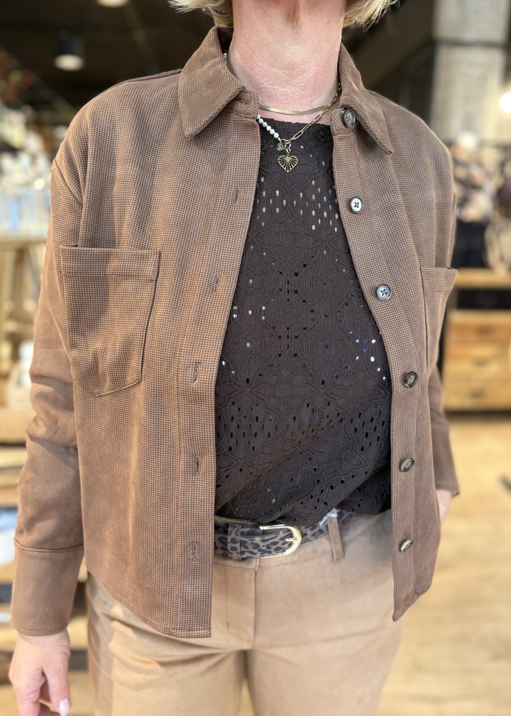 Red Button Blouse Jacket 2 Tone Faux Suede - Mid Brown