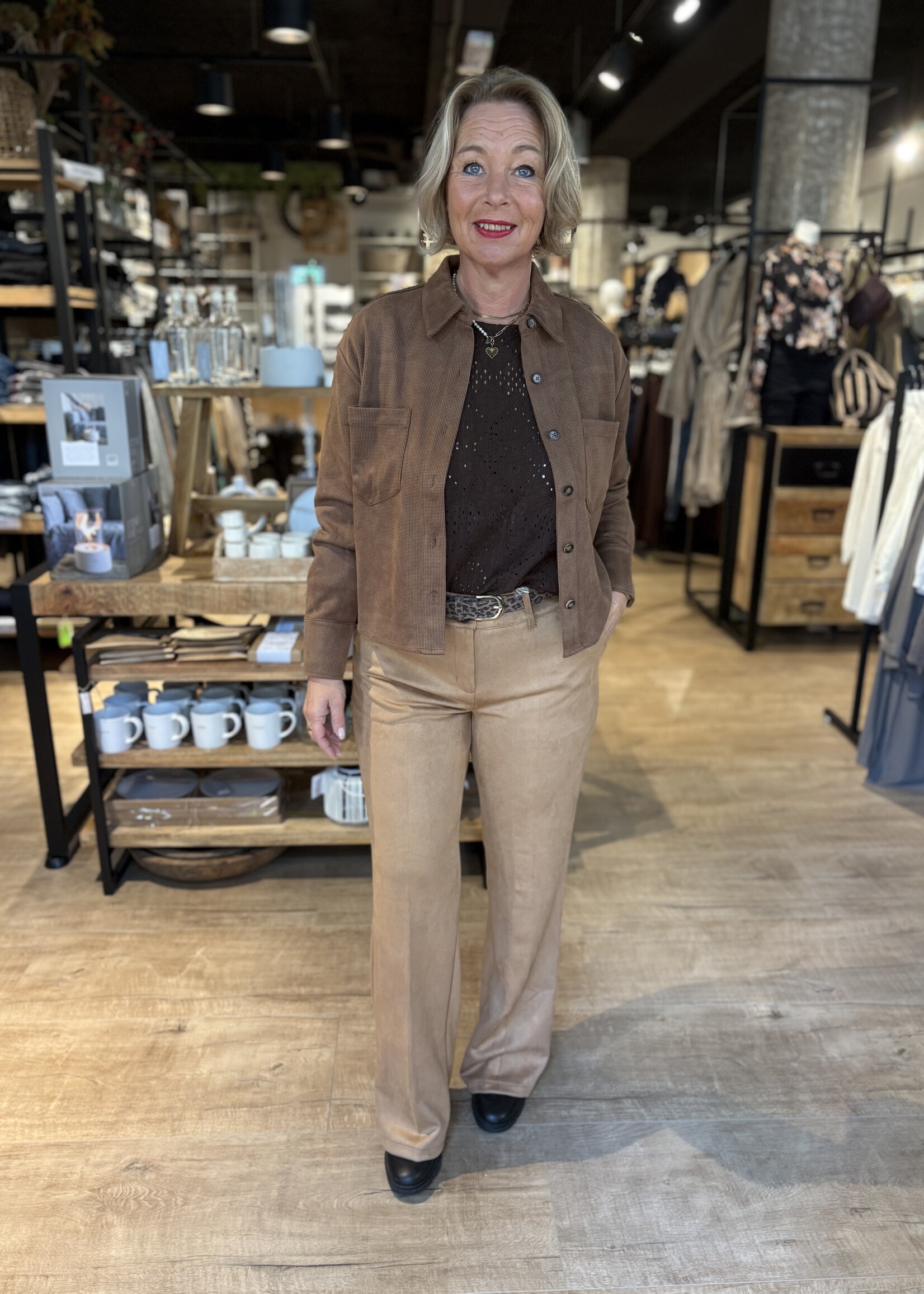Red Button Blouse Jacket 2 Tone Faux Suede - Mid Brown
