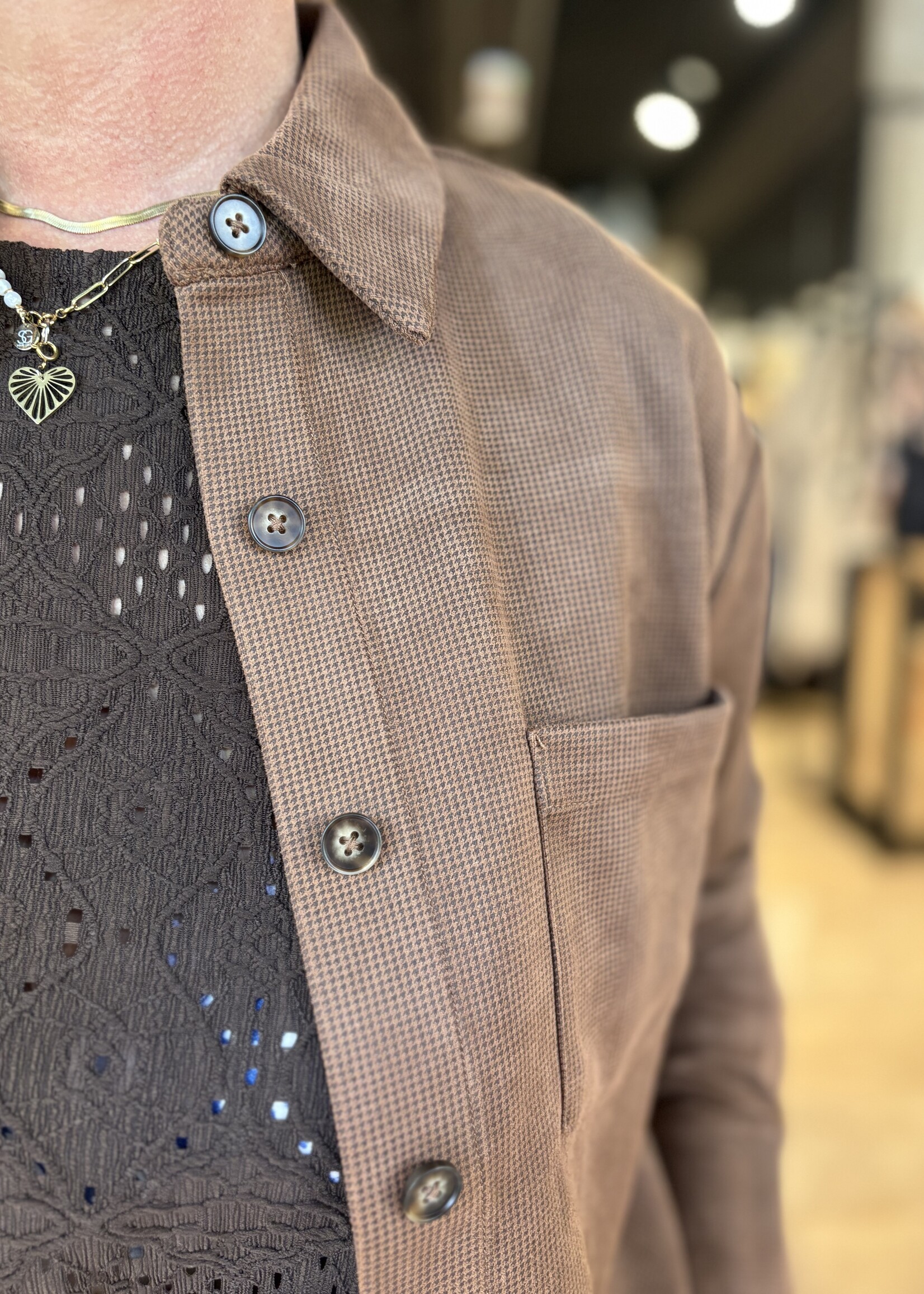 Red Button Blouse Jacket 2 Tone Faux Suede - Mid Brown