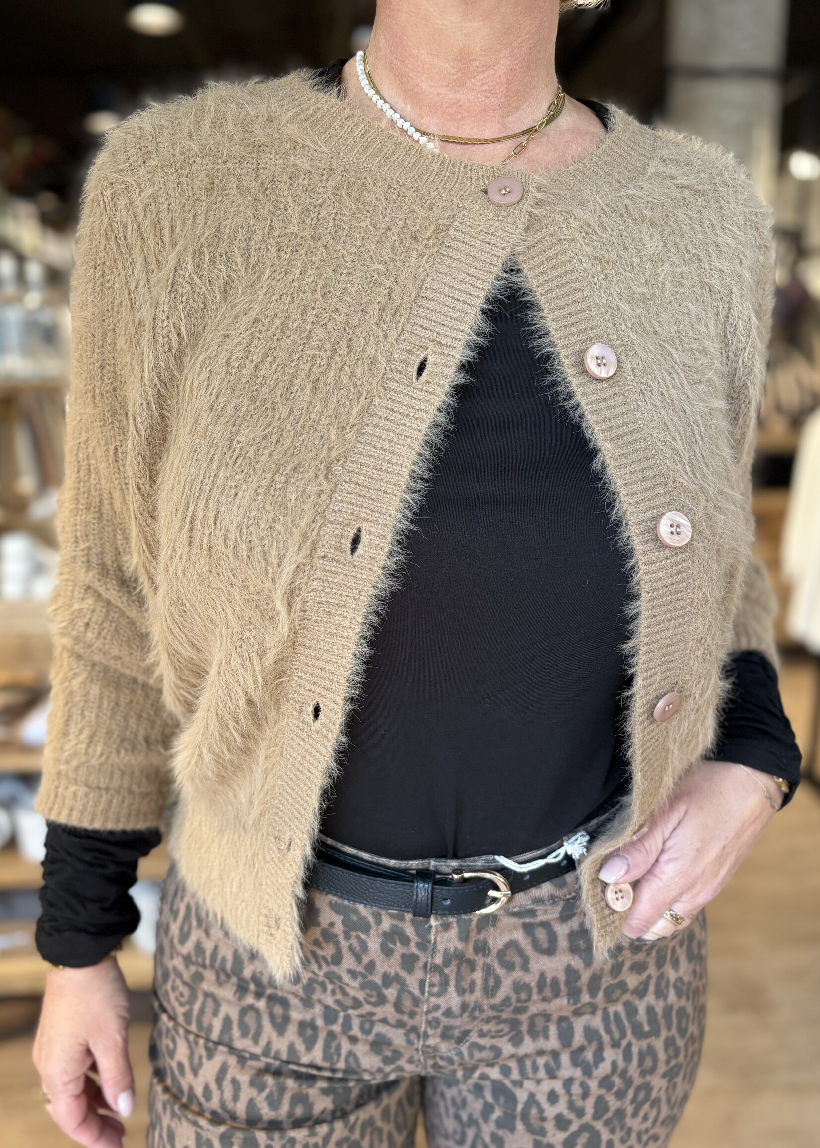 Red Button Vest Fuzzy - Almond