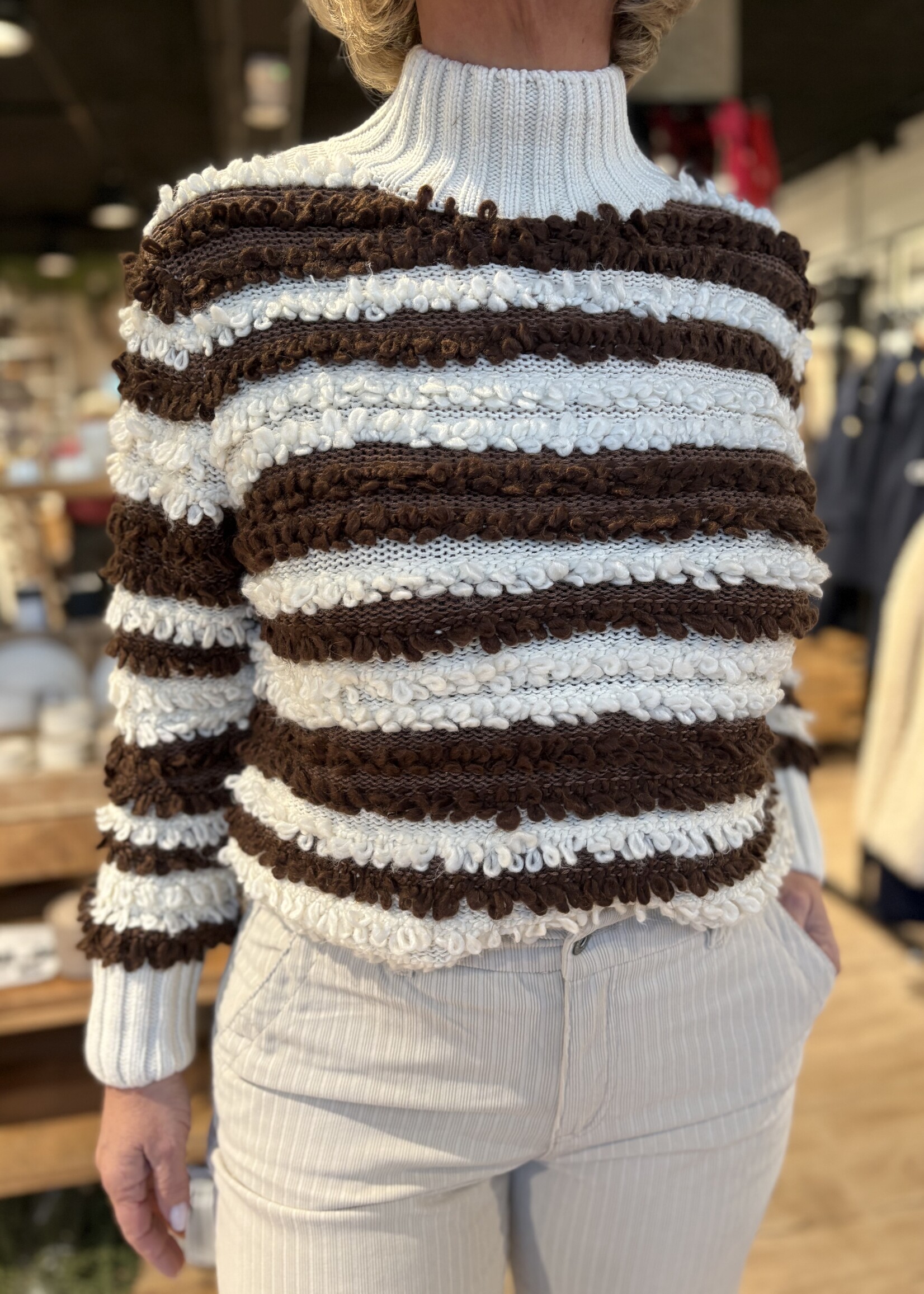 Red Button Sweater With Loops & Stripes - Brown