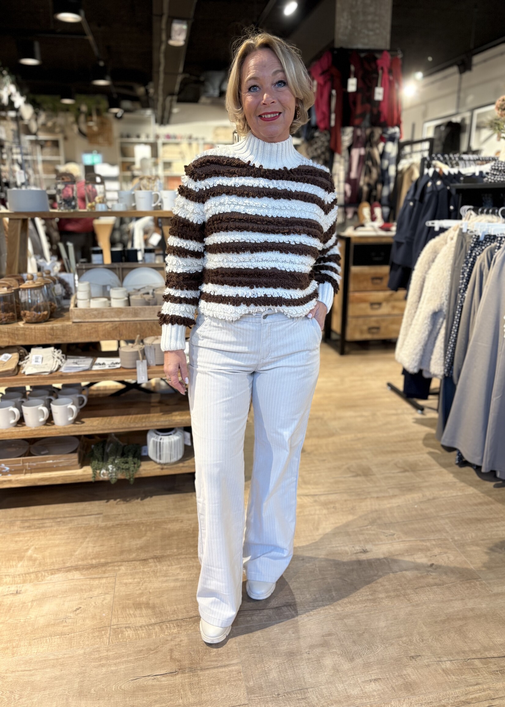 Red Button Sweater With Loops & Stripes - Brown