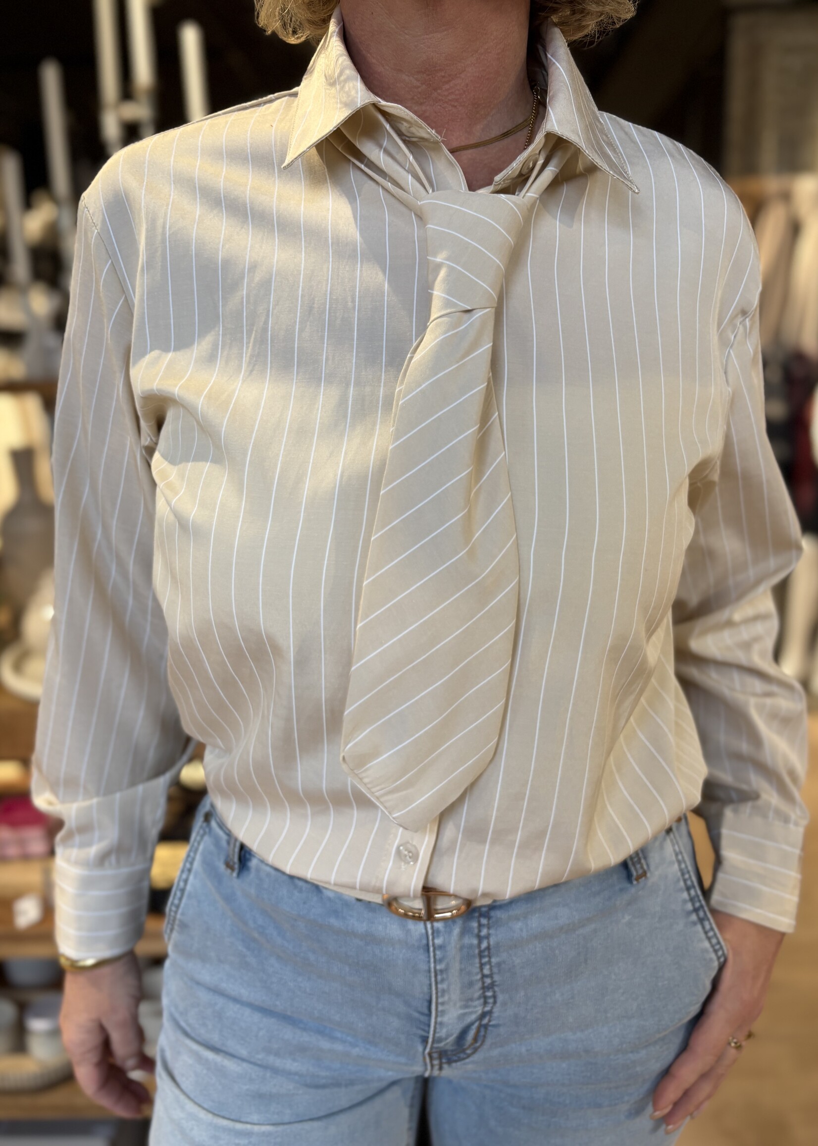 Blouse Emma Stropdas - Streep Beige