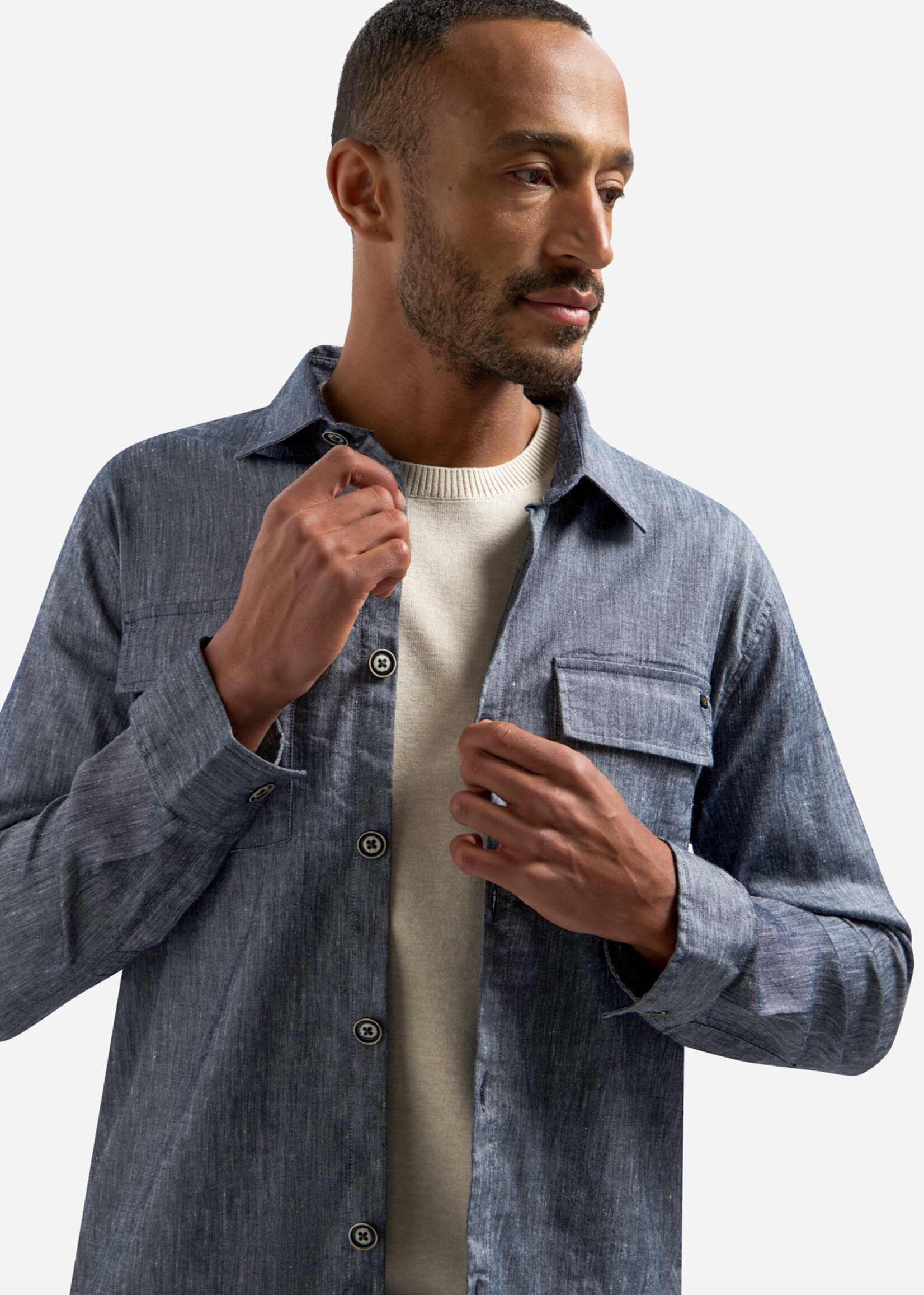 No Excess Overshirt Full Button 2 Tone Linen - Night