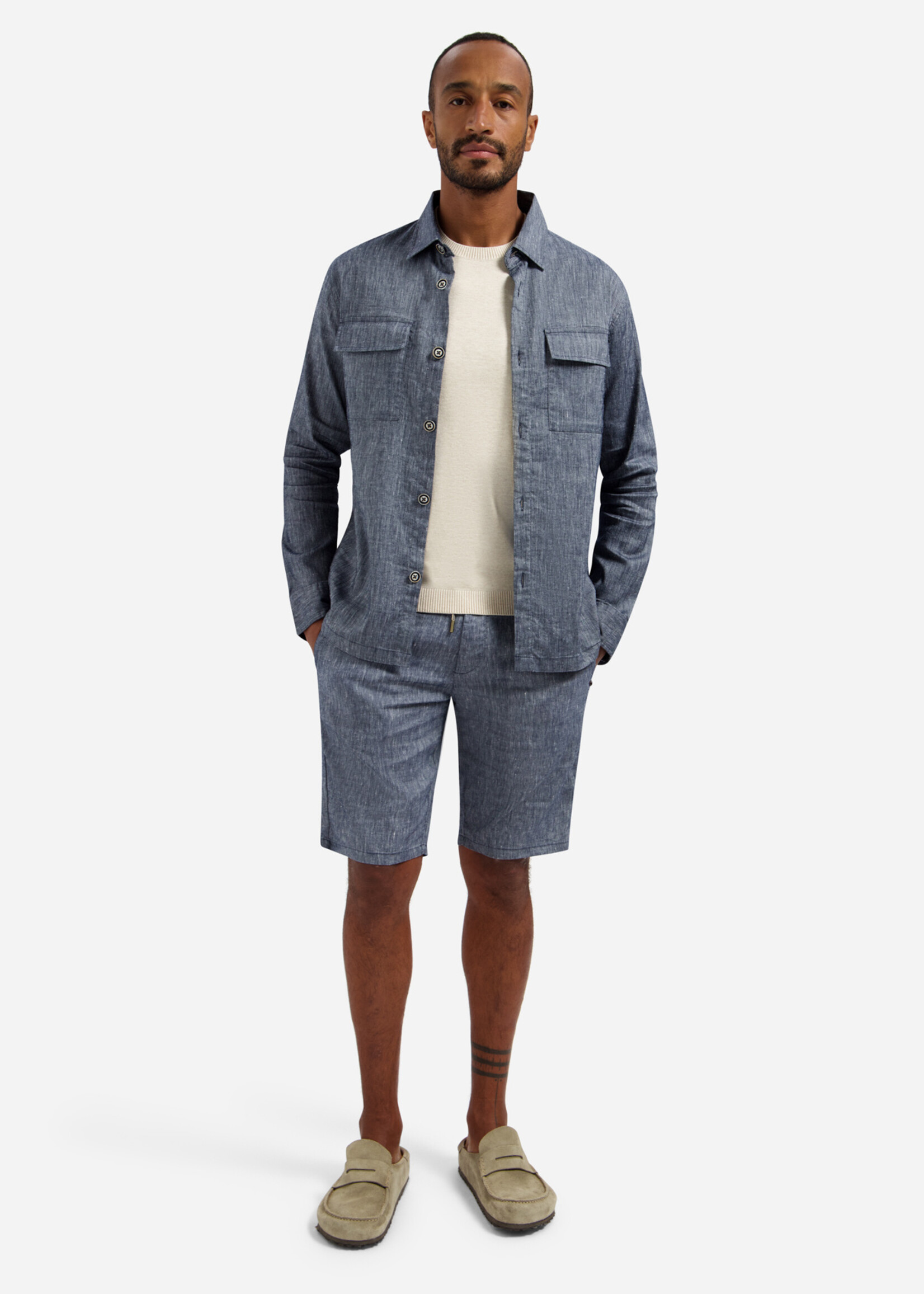 No Excess Overshirt Full Button 2 Tone Linen - Night