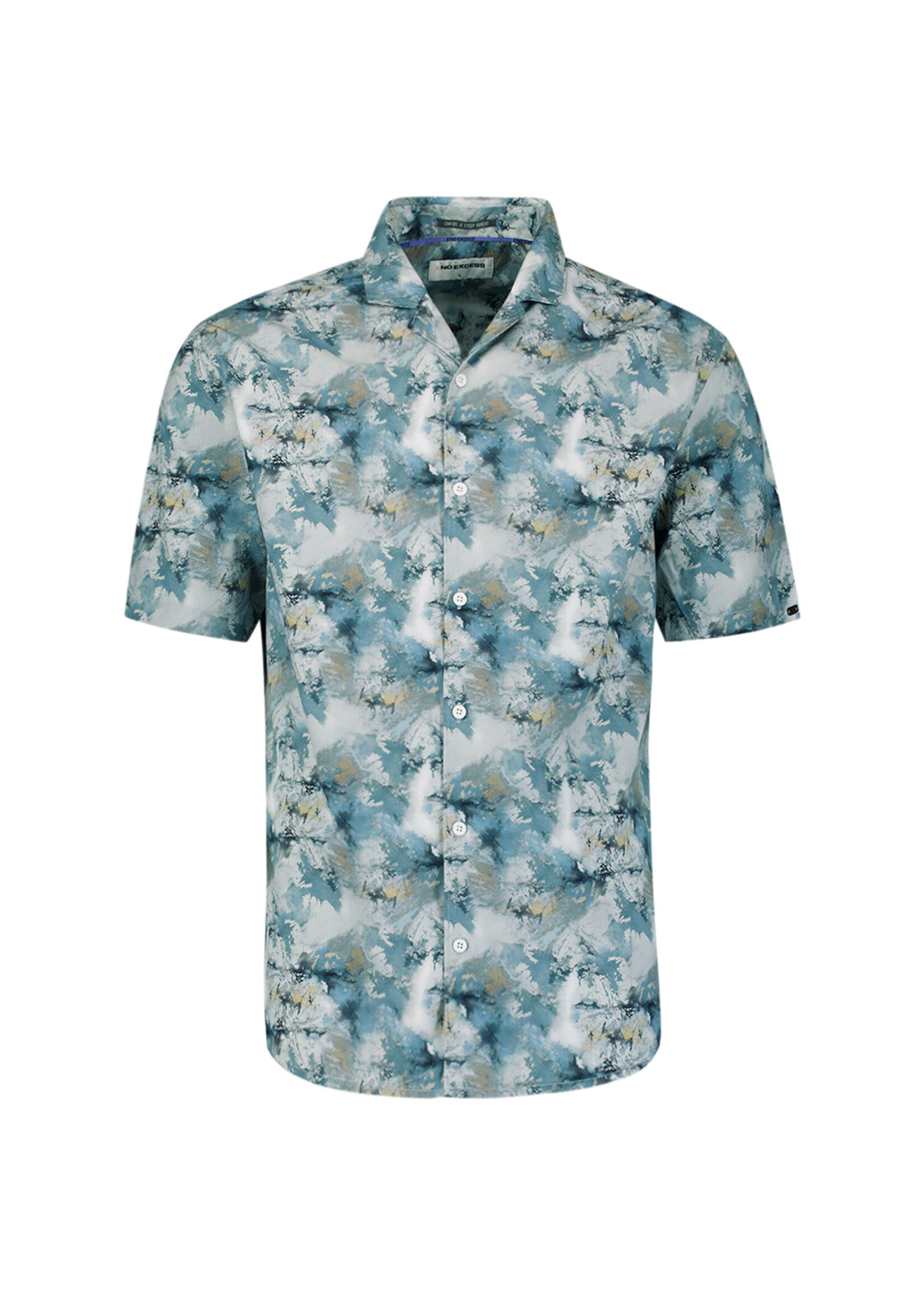 No Excess Overhemd Korte Mouw Stretch Allover Print  - Blue