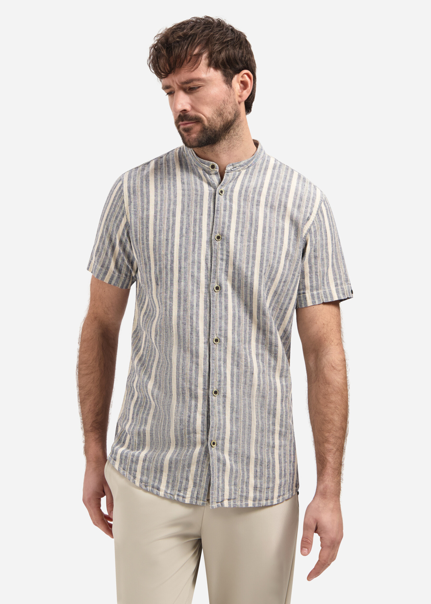 No Excess Overhemd Korte Mouw Linen Stripe - Blue