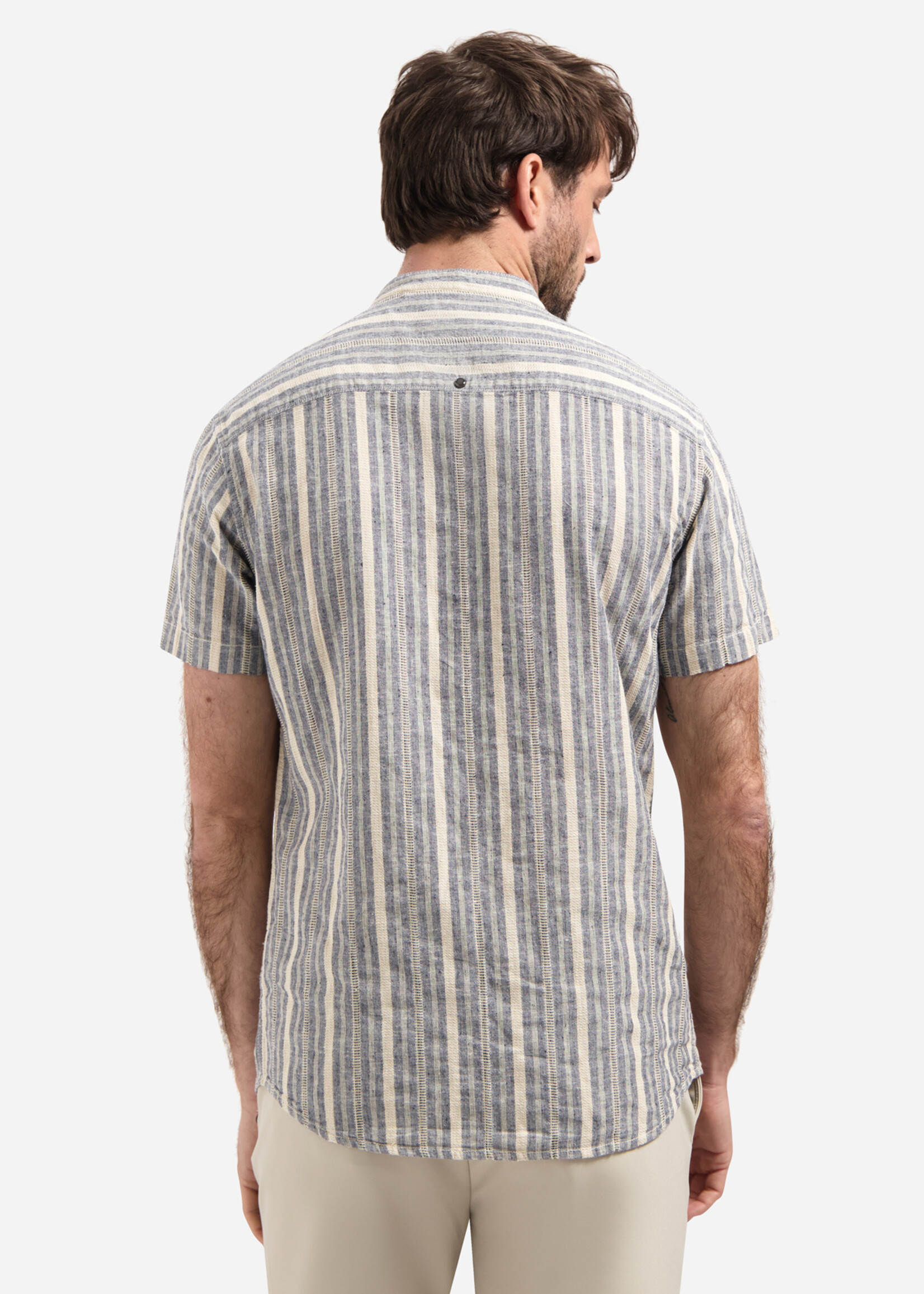 No Excess Overhemd Korte Mouw Linen Stripe - Blue