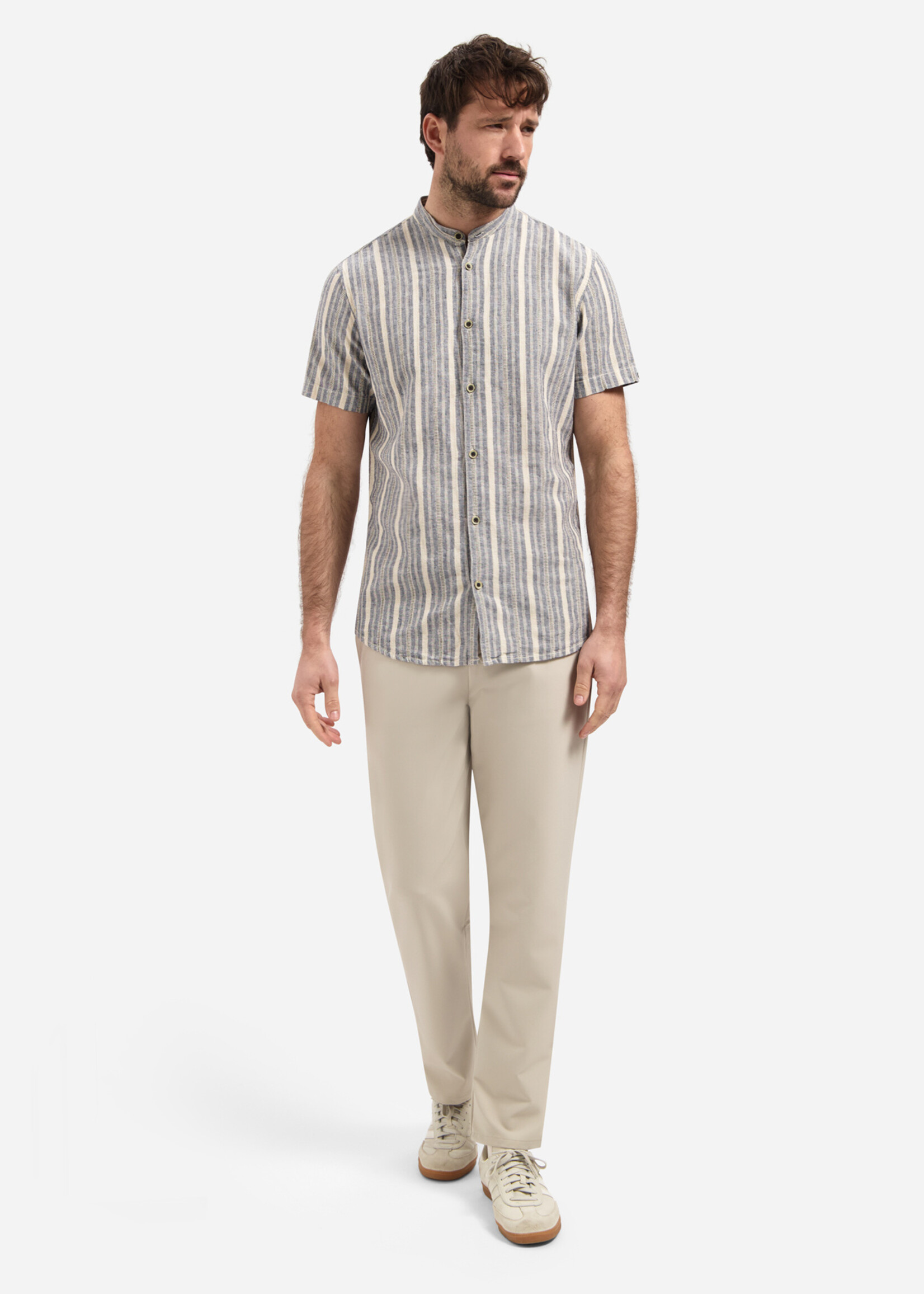 No Excess Overhemd Korte Mouw Linen Stripe - Blue