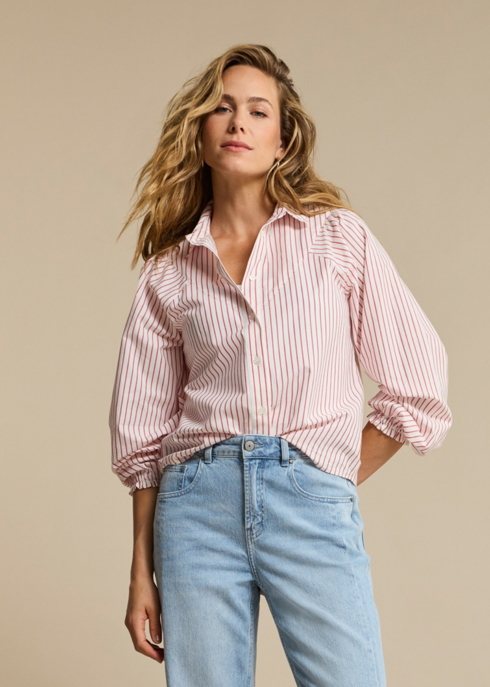 Red Button Blouse Victoria Stripe - Red