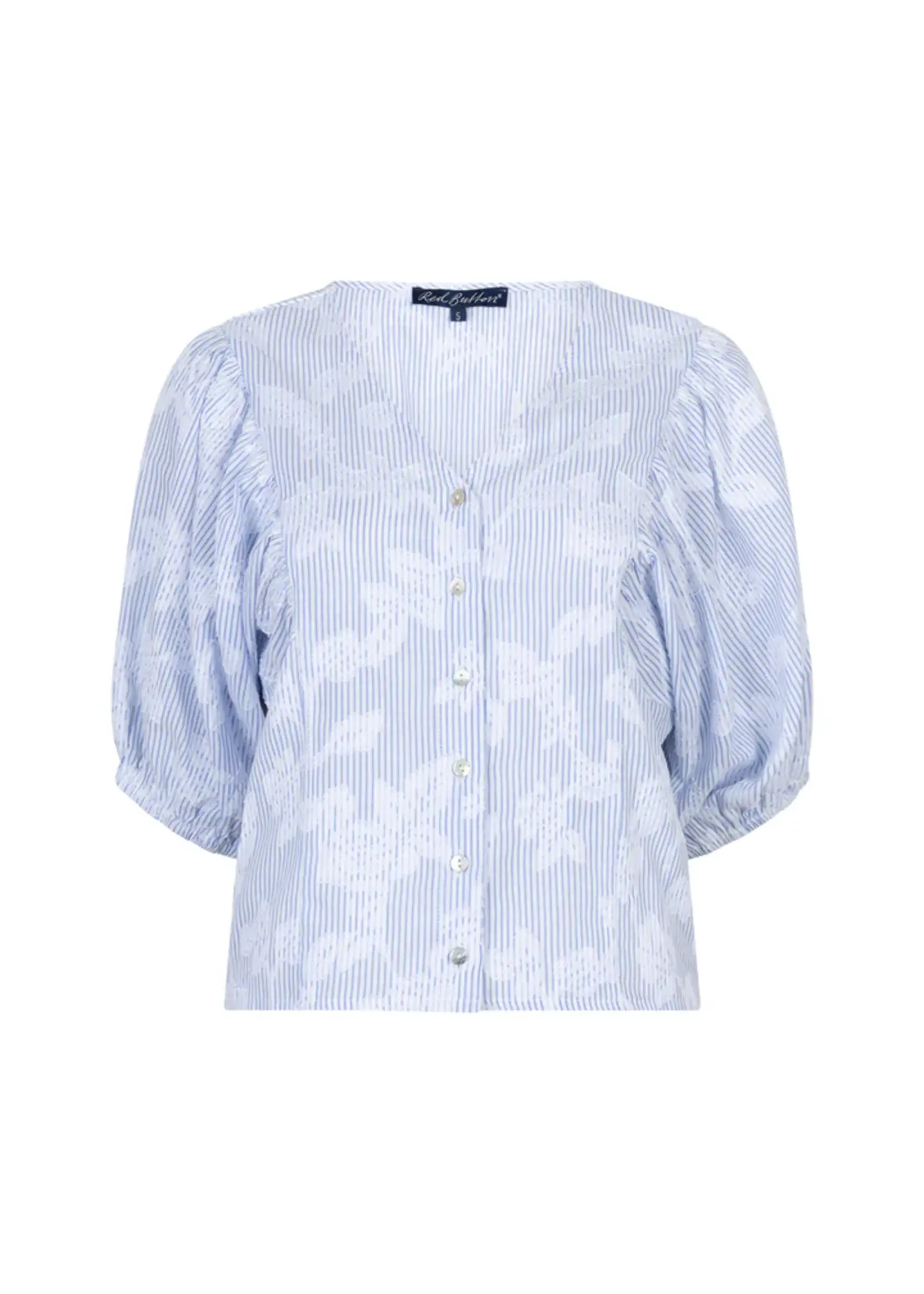 Red Button Blouse Balloonsleeve Stripe - Blue