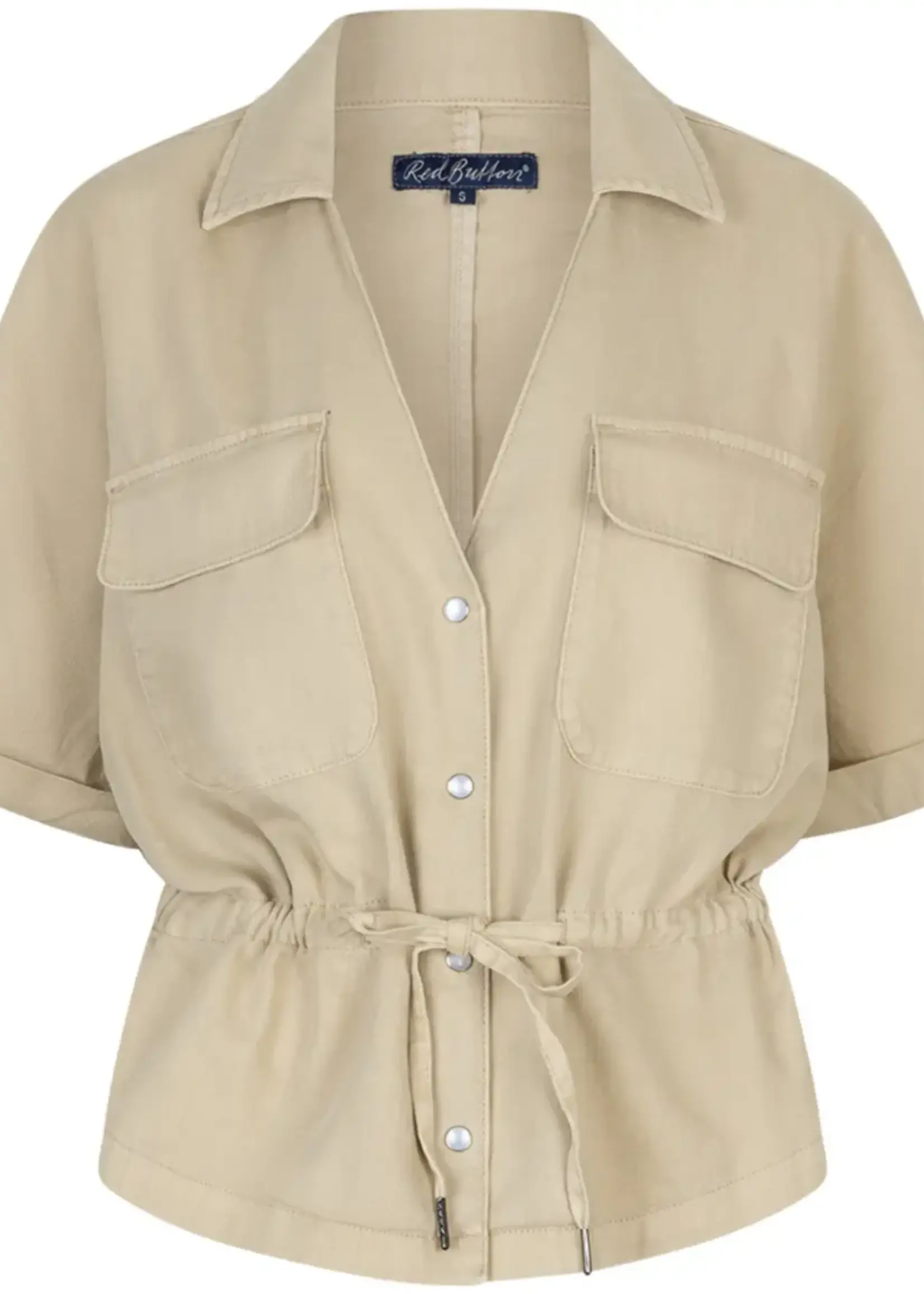 Red Button Blouse Drew Drawstring Linen - Pebble