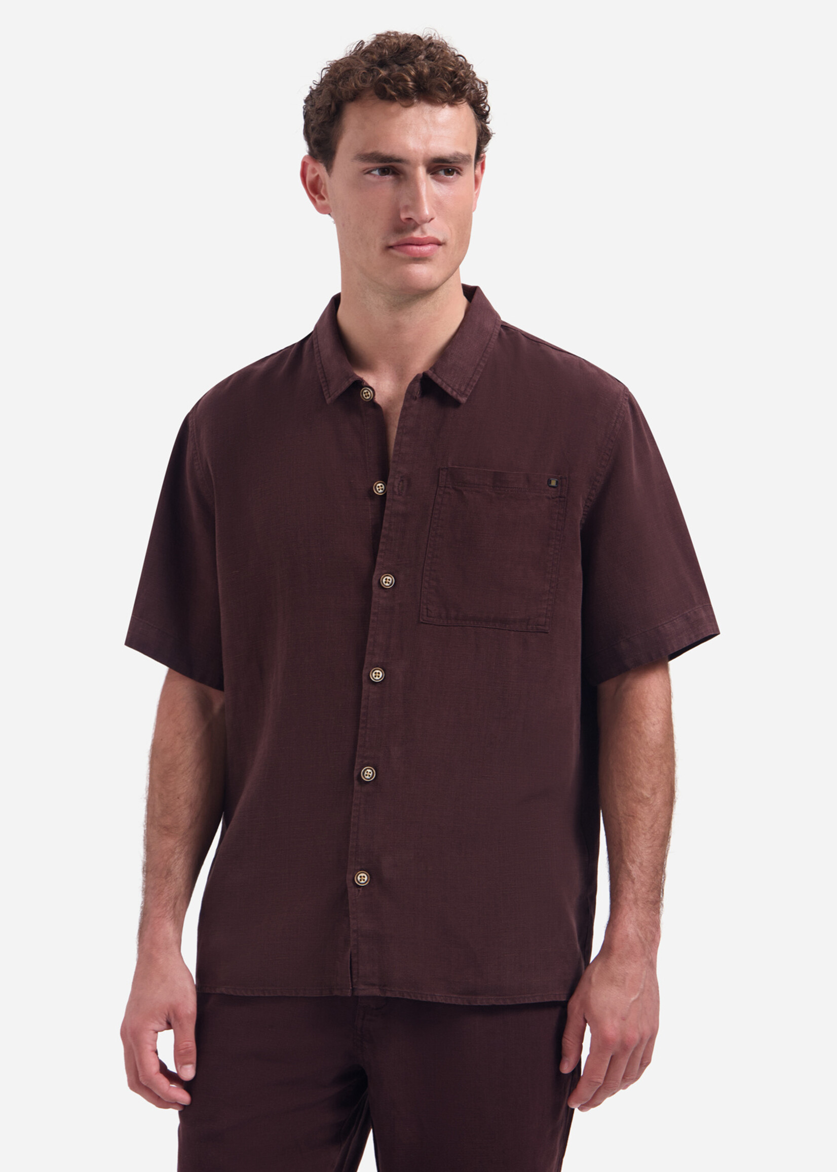No Excess Overshirt Korte Mouw Linnen Mix - Dark Brown