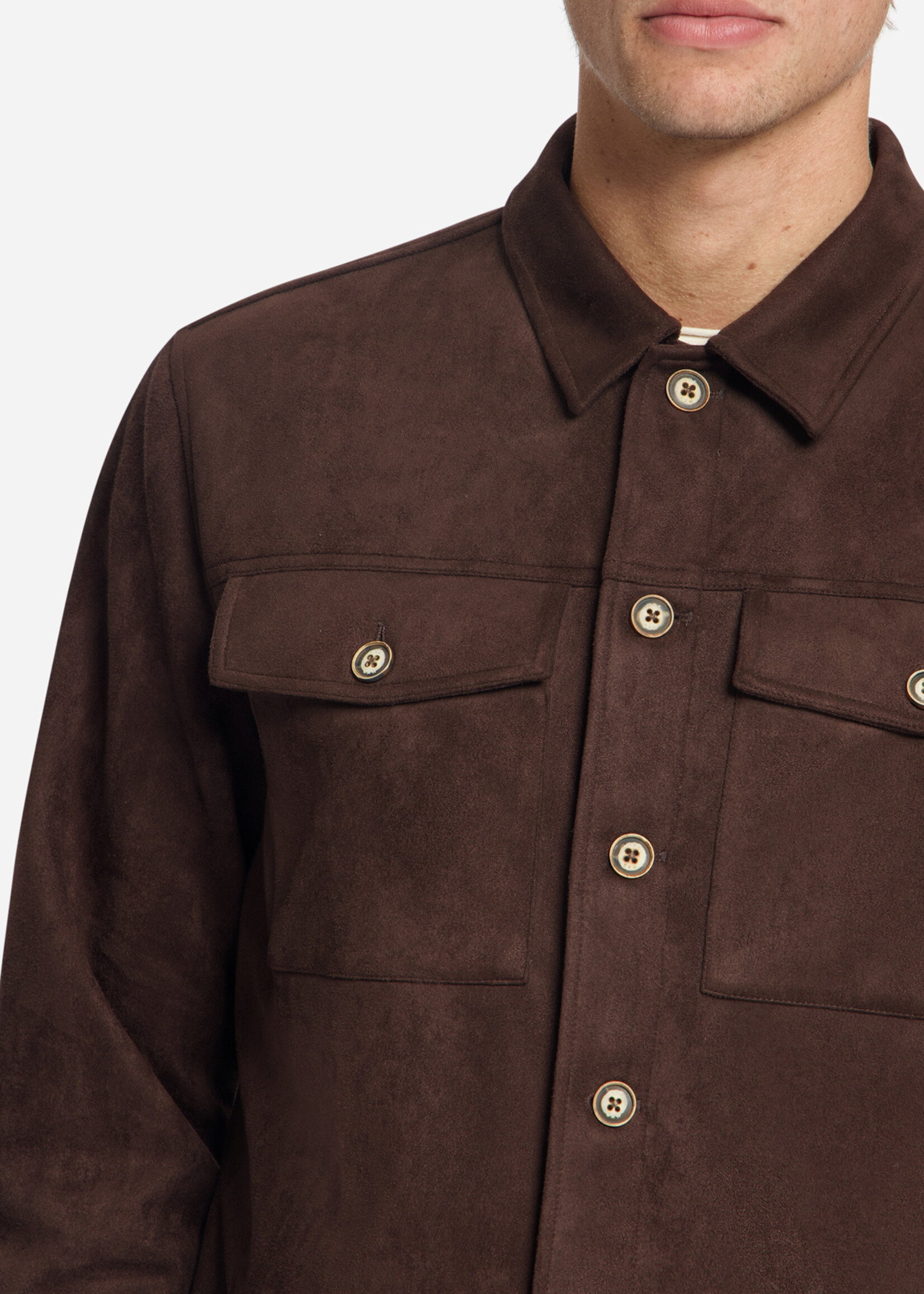 No Excess Overshirt Full Button Suede - Dark Brown