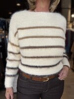 Red Button Fuzzy Sweater & Stripe - Creme Brown