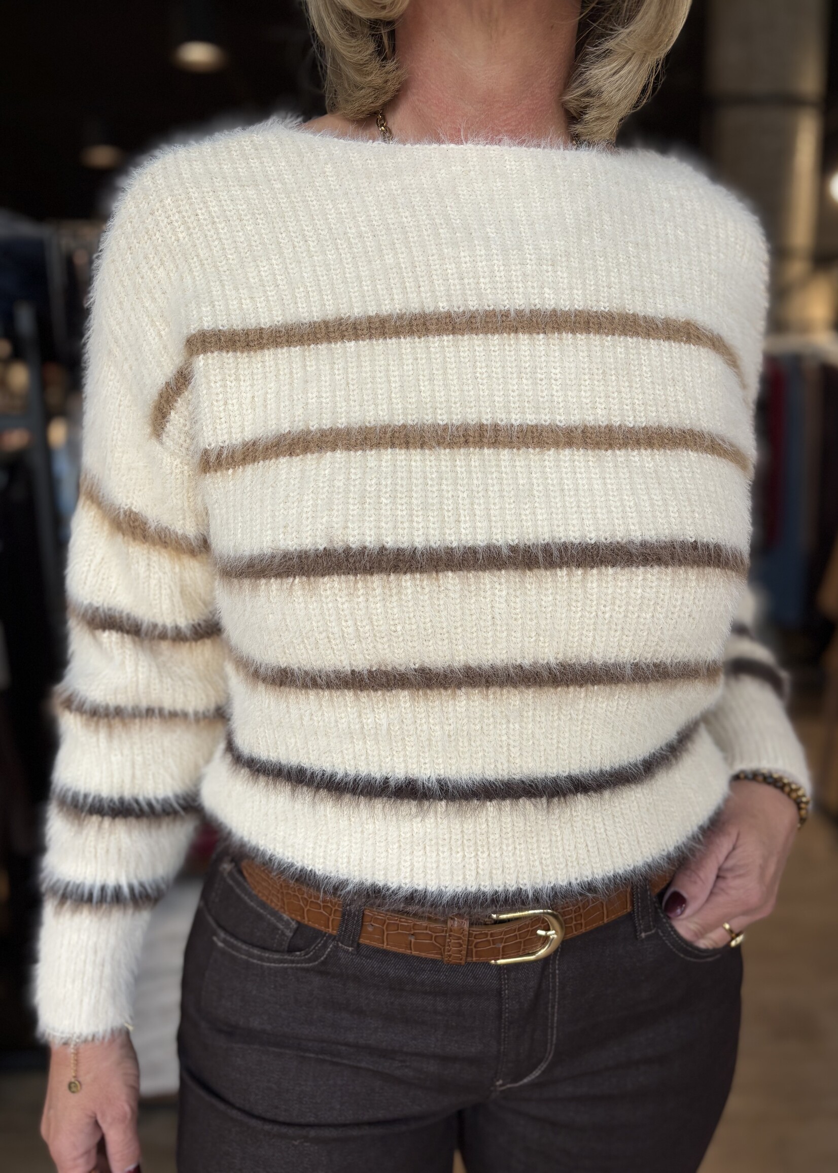 Red Button Fuzzy Sweater & Stripe - Creme Brown