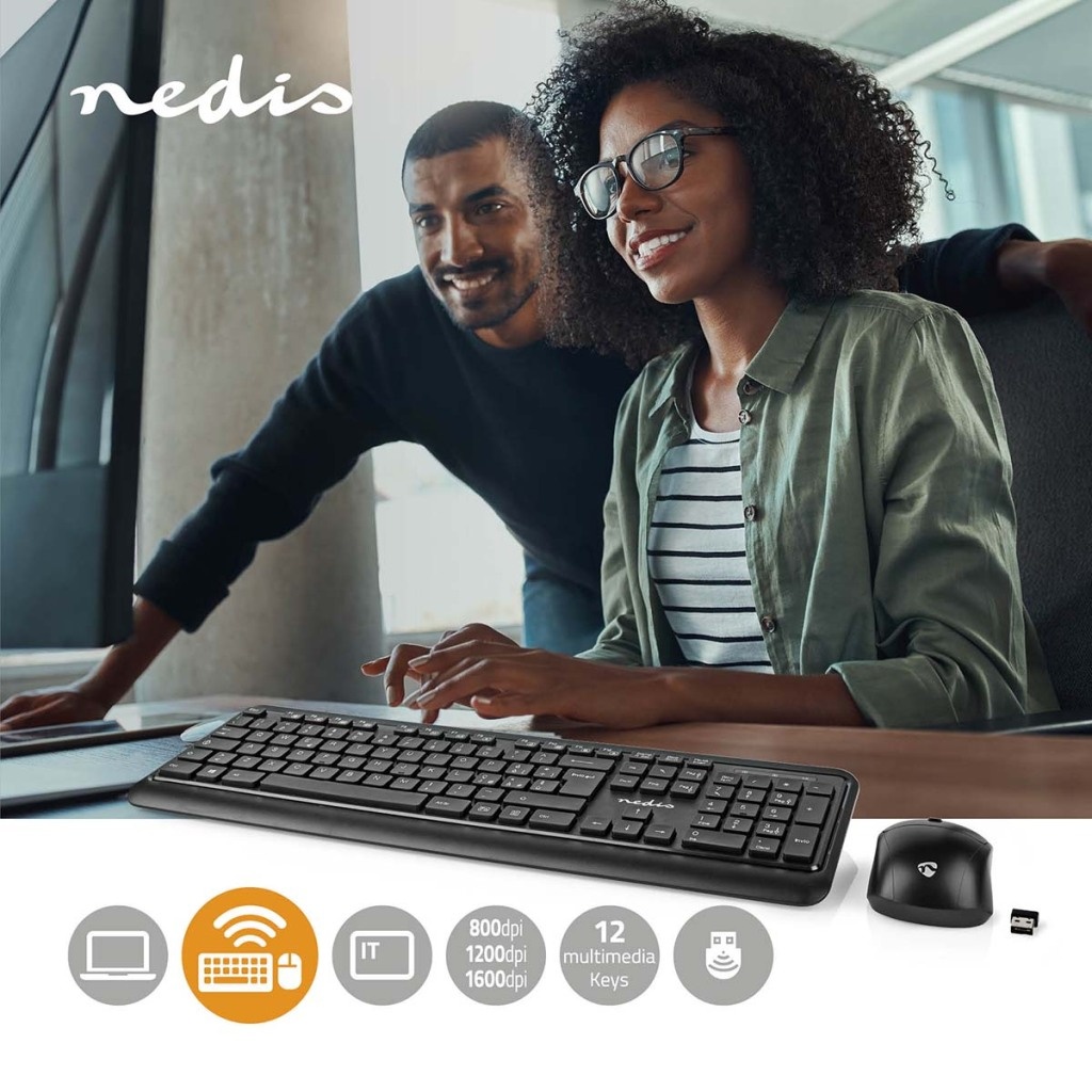 Nedis KBMCW100BKIT Muis En Toetsenbord - Set Draadloos Muis- En Toetsenbordverbinding: Usb 800 / 1200 / 1600 Dpi Instelbare Dpi Qwerty Italiaans