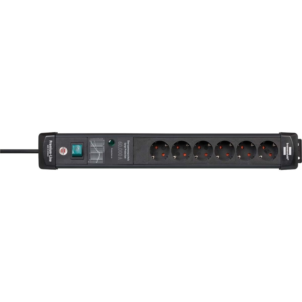 Brennenstuhl 1951160401 Premium-line 60.000a Stekkerdoos Met Overspanningsbeveiliging 6-voudig Zwart 3m H05vv-f 3g1,5