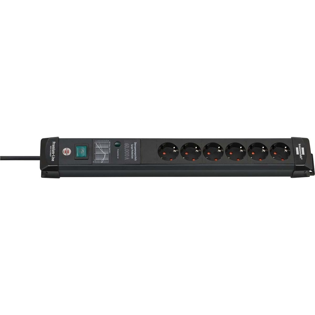 Brennenstuhl 1951160401 Premium-line 60.000a Stekkerdoos Met Overspanningsbeveiliging 6-voudig Zwart 3m H05vv-f 3g1,5