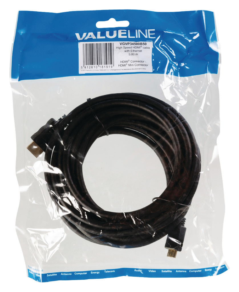 Valueline Vgvp34500b50 High Speed Hdmi-kabel met Ethernet Hdmi-connector - Hdmi Mini-connector 5,00 M Zwart
