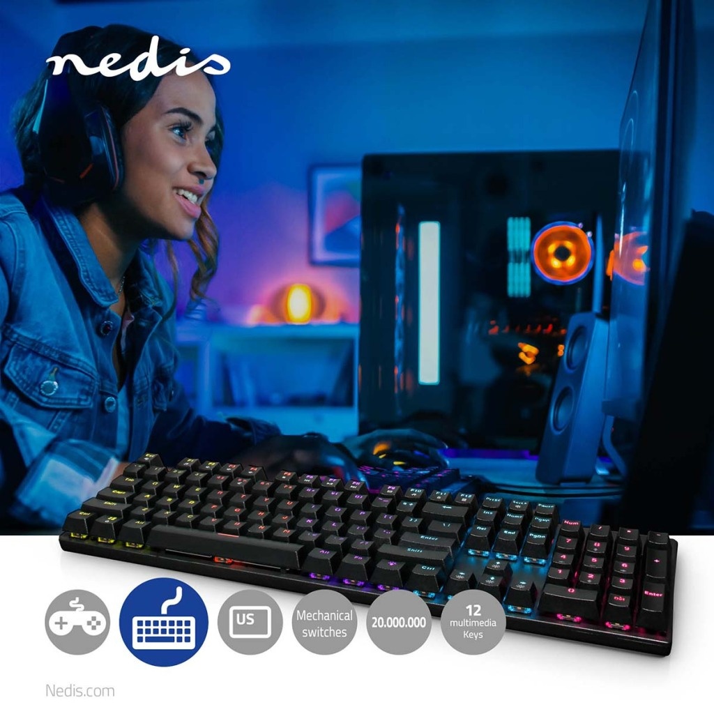 Nedis GKBDM110BKUS Bedraad Gaming Toetsenbord Usb Type-a Mechanische Toetsen Led Qwerty Us Internationaal Usb Gevoed Lengte Stroomkabel: 1.50 M Gaming