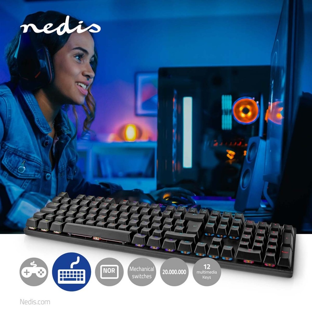Nedis GKBDM110BKND Bedraad Gaming Toetsenbord Usb Type-a Mechanische Toetsen Led Qwerty Scandinavisch Usb Gevoed Lengte Stroomkabel: 1.50 M Gaming
