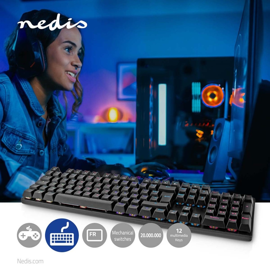 Nedis GKBDM110BKFR Bedraad Gaming Toetsenbord Usb Type-a Mechanische Toetsen Led Azerty Frans Usb Gevoed Lengte Stroomkabel: 1.50 M Gaming