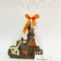 Paashaas op bromfiets ingekleurde Melk chocolade  350 gr