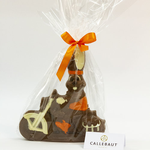 Paashaas op bromfiets ingekleurde Melk chocolade  350 gr