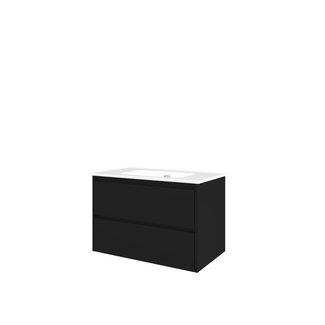 Proline badkamermeubelen Proline Porselein Elegant wastafelonderkast symmetrisch met 2 laden en glans witte wastafel met en zonder kraangat 80 x 46 x 52 cm, mat zwart
