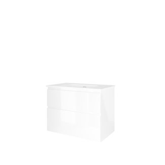 Proline badkamermeubelen Proline Porselein Elegant wastafelonderkast asymmetrisch met 2 laden en glans witte wastafel met en  zonder kraangat 80 x 46 x 60 cm, glans wit