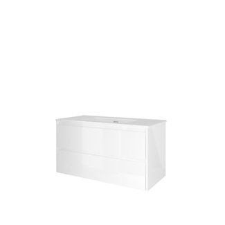 Proline badkamermeubelen Proline Porselein Elegant wastafelonderkast symmetrisch met 2 laden en glans witte wastafel met en  zonder kraangat 100 x 46 x 52 cm, glans wit