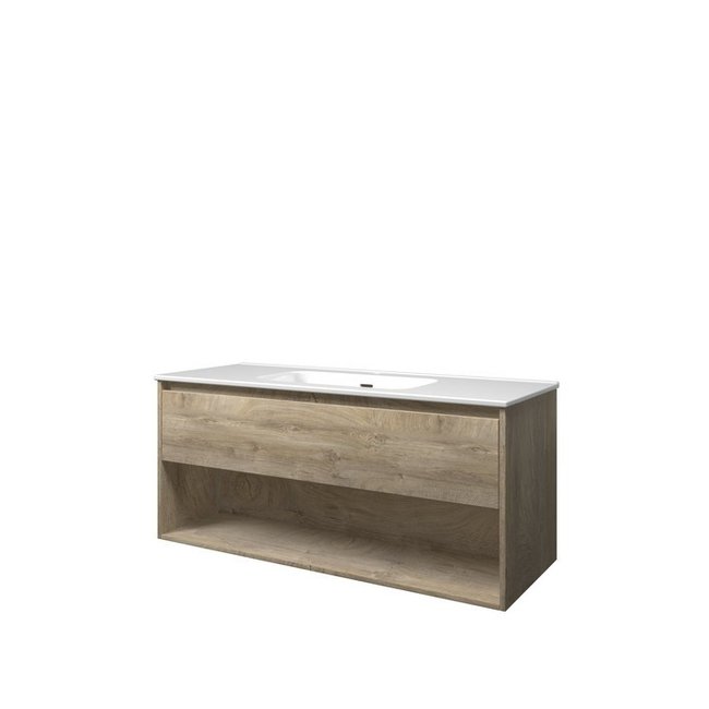 Proline badkamermeubelen Proline Elegant badmeubel met open vak met keramische wastafel enkel met 1 kraangat - Raw oak - 120x46cm (bxd)