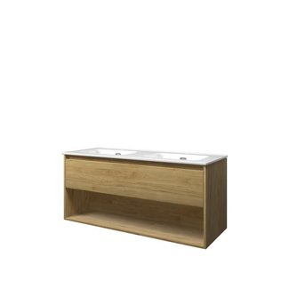 Proline badkamermeubelen Proline Elegant badmeubel met open vak met keramische wastafel dubbel met en zonder kraangaten - Ideal oak - 120x46cm