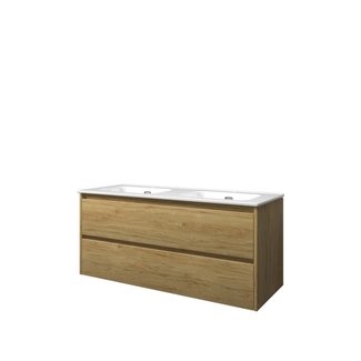 Proline badkamermeubelen Proline Elegant badmeubel met keramische wastafel dubbel met en zonder  kraangaten en onderkast symmetrisch - Ideal oak - 120x46cm