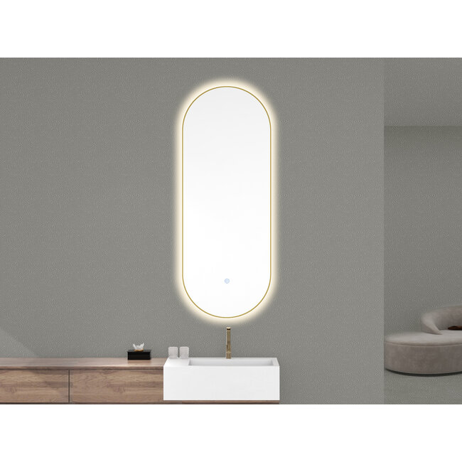 Nomi spiegel met lijst ovaal met LED, dimbaar en spiegelverwarming 50 x 100 cm geborsteld messing