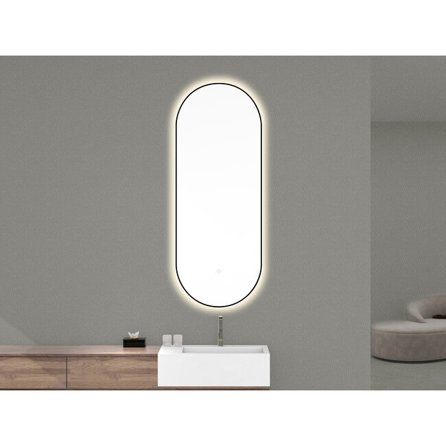 Nomi spiegel met lijst ovaal met LED, dimbaar en spiegelverwarming 50 x 100 cm mat zwart