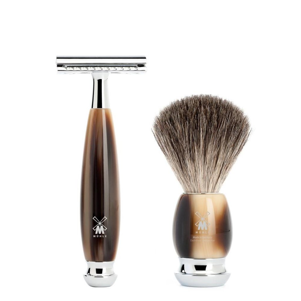 Shaving Set Vivo 3-part - High-grade resin Horn brown - Saf.Razor