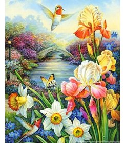 Diamond Painting 30 x 20 cm -  Bloem En Vogel Landschap- A18261- vierkante steentjes