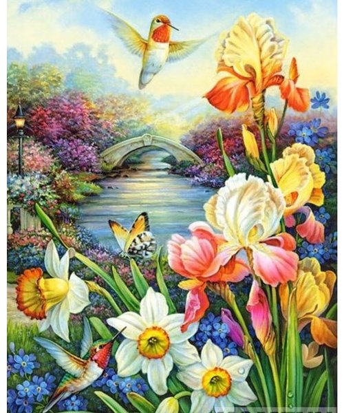 basetrade Diamond Painting 30 x 20 cm -  Bloem En Vogel Landschap- A18261- vierkante steentjes